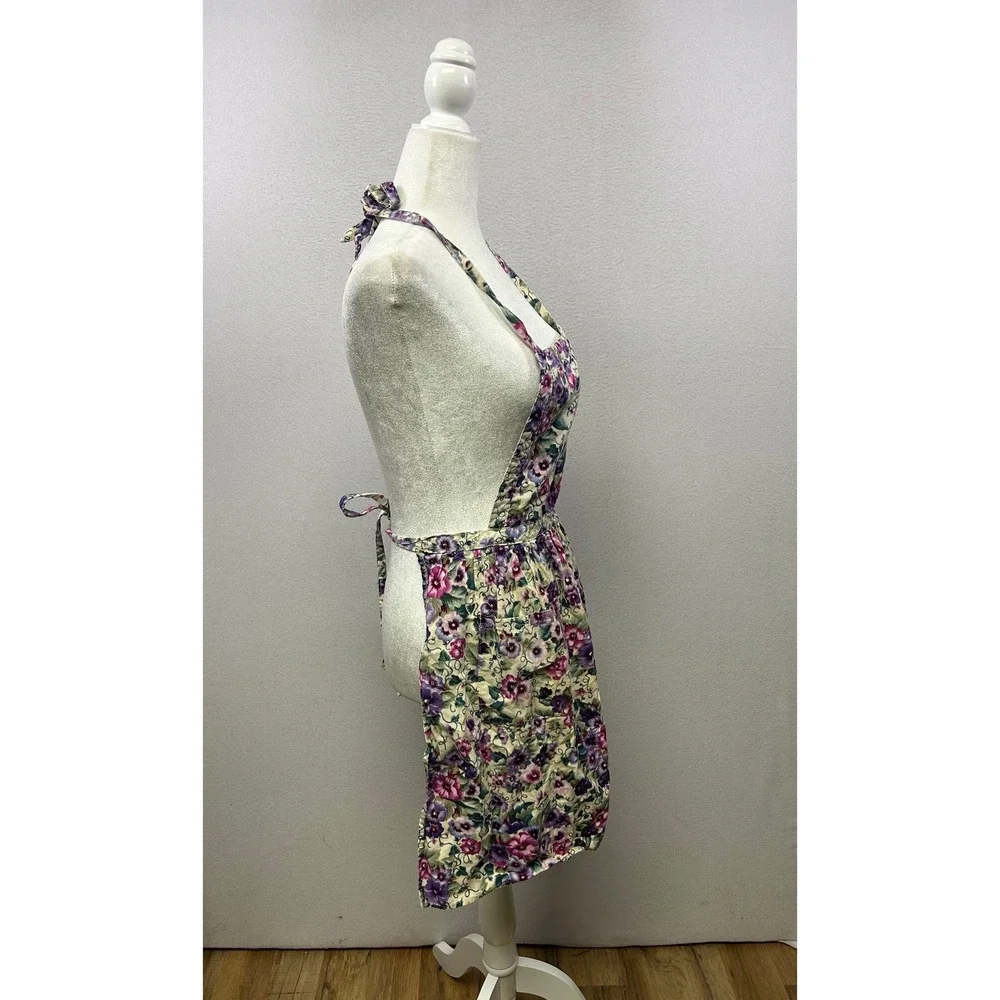 Cottagecore Grandma Womens Purple Floral‎ Pansy Halter Neck Tie Waist Apron